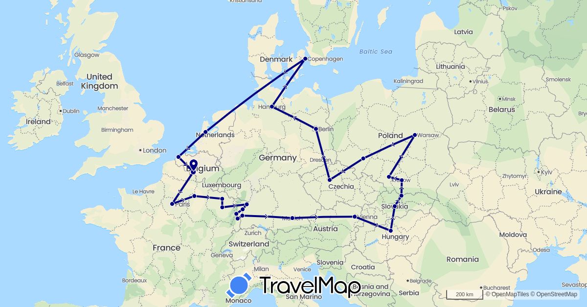 TravelMap itinerary: driving in Austria, Belgium, Czech Republic, Germany, Denmark, France, Hungary, Netherlands, Poland, Slovakia (Europe)